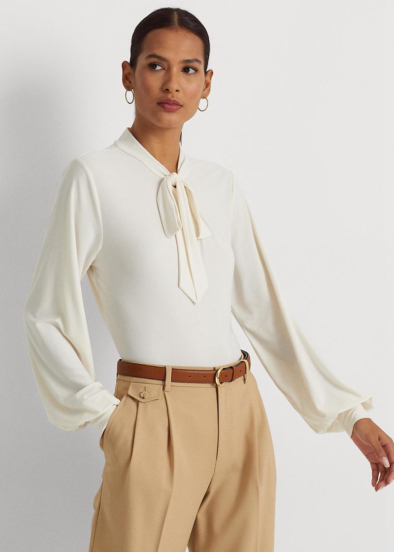 Top Lauren Damska Białe Tie-Neck Stretch Jersey 189374-OYK